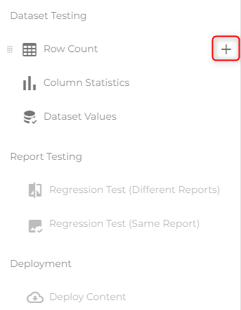 Options de tests de jeux de données dans Wiiisdom Ops, incluant Row Count, Column Statistics et Dataset Values