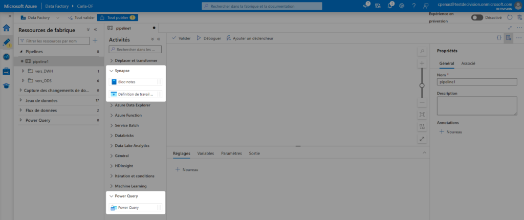 Interface utilisateur d'Azure Data Factory