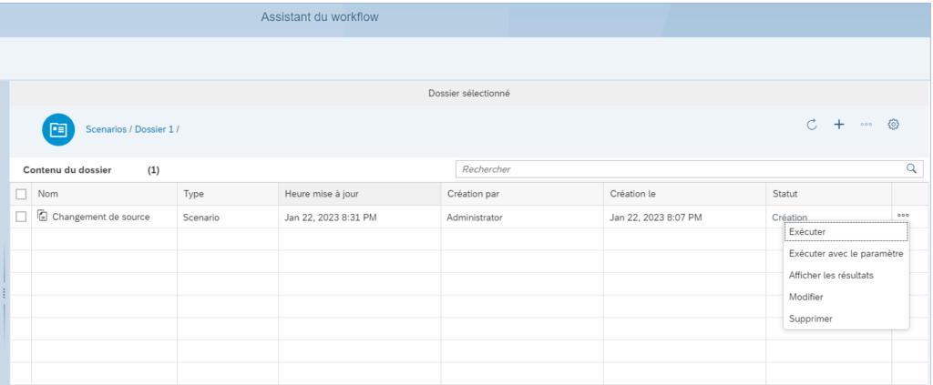 Exécution scénario paramètres du Workflow Assistant