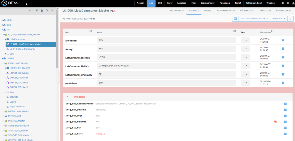 Page de gestion job ETLTool