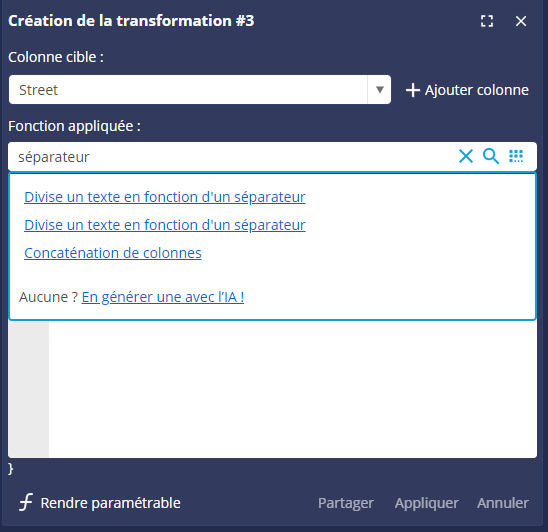 Barre de recherche pour les fonctions DigDash Studio