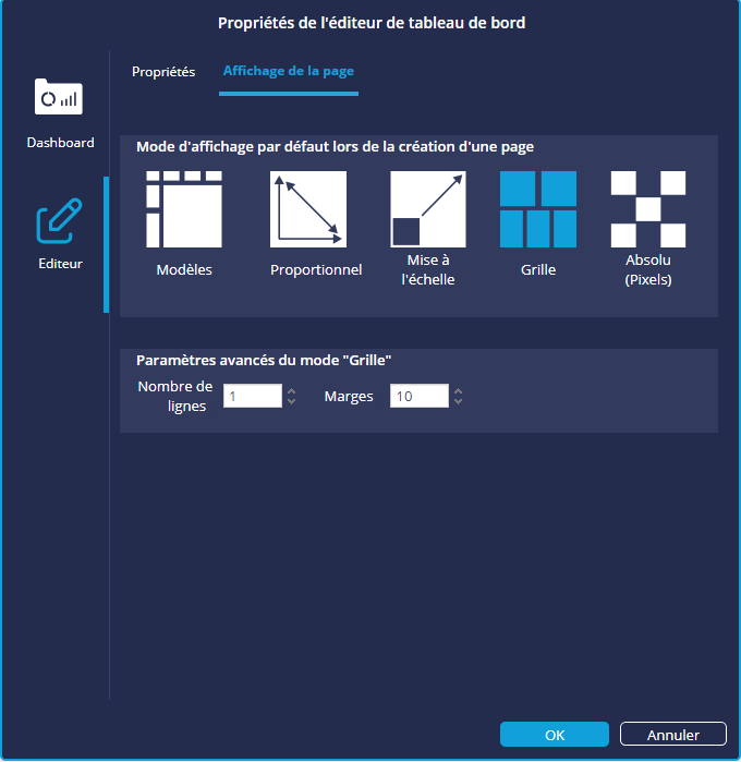 Interface des propriétés éditeur tableau de bord