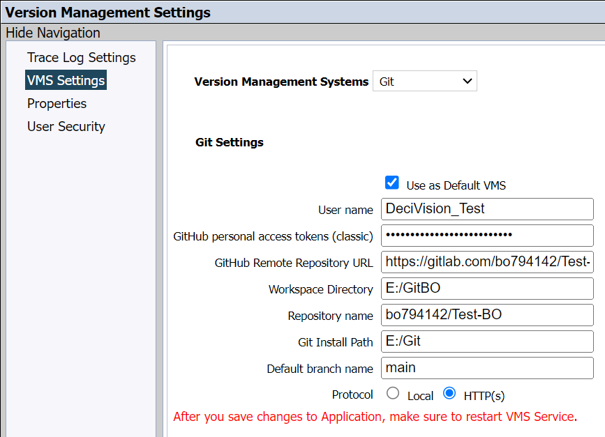 Version management settings branch name